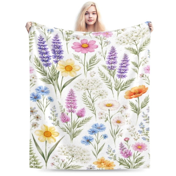Watercolor Wildflower Throw Blanket, Elegant Botanical Floral Pattern, Soft Decorative Blanket for Couch Sofa Bed Home Decor 50x40