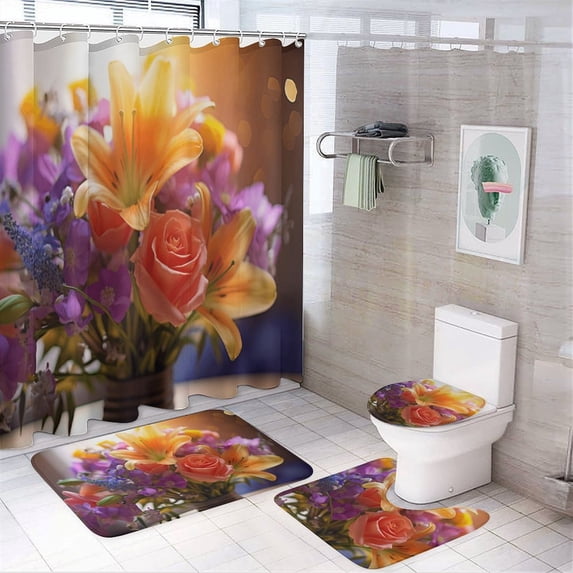 Watercolor Wildflowers 4 Piece Shower Curtain Sets, with Non-Slip Rugs, Toilet Lid Cover And Bath Mat, for Bathroom Decor Set