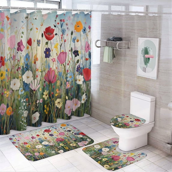 Watercolor Wildflowers 4 Piece Shower Curtain Sets, with Non-Slip Rugs, Toilet Lid Cover And Bath Mat, for Bathroom Decor Set