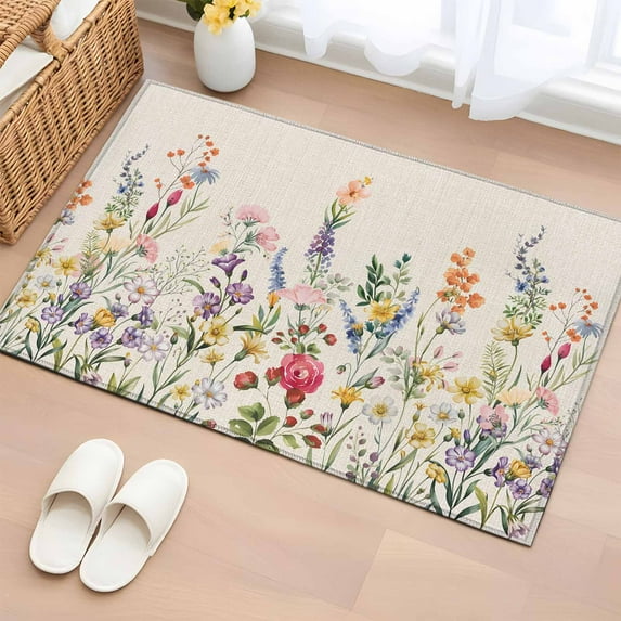 Watercolor Wildflowers Bathroom Rug Washable 2x3 Entryway Rug Non Slip Farmhouse Botanical Flowers Herbs Front Door Mat Low Pile Indoor Doormat Throw Floor Carpet for Kitchen Bedroom Entrance