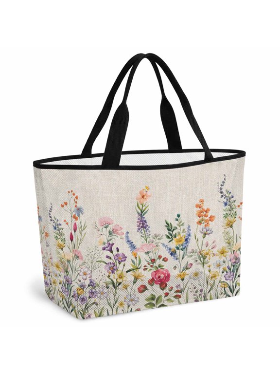 Watercolor Wildflowers Beach Bag for Women, Large Breathable Mesh Beach Tote Bag, Farmhouse Botanical Flowers Herbs Sandproof Lightweight Travel Bags for Vacation Picnic Swimming Pool