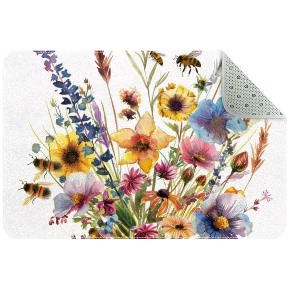Watercolor Wildflowers and Bee Bouquet Entryway Rug, 2x3 Area Rug Indoor Door Mat Non-slip Washable Floor Carpet Rug for Bedroom Office Dining Room Bathroom