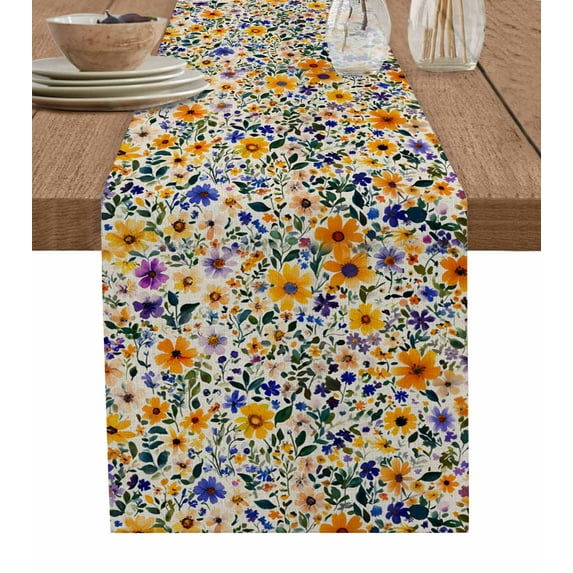Watercolor Wildflowers Burlap Cotton Table Runner 13x36 Inches Short, Colorful Spring Botanical Flowers Farmhouse Table Runners, Outdoor Dining Tablecloths Decor for Baby Shower/Party/Wedding