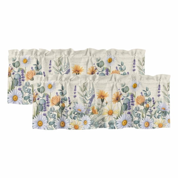 Watercolor Wildflowers Curtain Valances for Windows, Kitchen Valance Window Treatments Panel 2 Pack, Botanical Flowers Eucalyptus Leaf Rod Pocket Short Curtains for Bathroom Bedroom 60 x 18 Inch