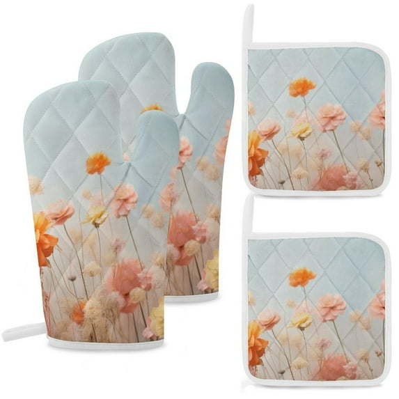 Watercolor Wildflowers Heat Resistant Microwave Oven Gloves Set for BBQ Baking Grilling,Baking Gifts Cooks for Women,Housewarming Gifts for New Home