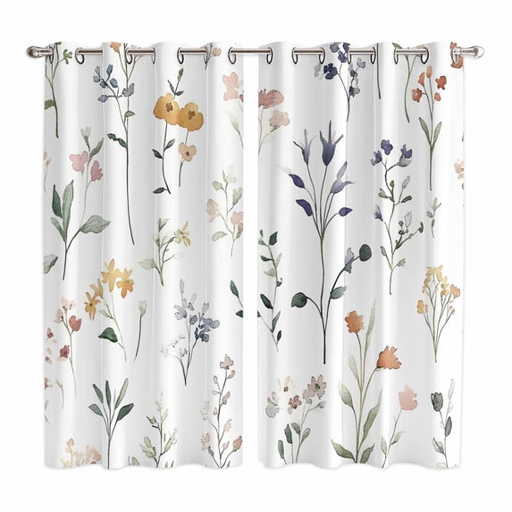 Watercolor Wildflowers Kitchen Curtains 84 Inch Length, Spring Pastoral Botanical Grommet Top Bedroom Living Room Curtains, Light Filtering Cafe Curtain Drapes 2 Panels Set 104''x84''