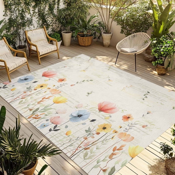 Watercolor Wildflowers Outdoor Rug 5x8 Ft - Reversible Patio Rug Outdoor Camping Rugs, Farmhouse Country Botanical Flowers Indoor Outdoor Area Rugs, Non-Slip Outdoor Carpet Runner for Deck/Porch