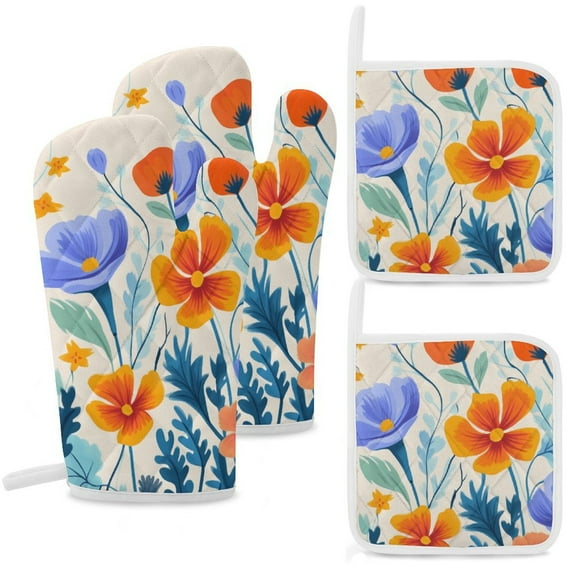Watercolor Wildflowers Oven Mitt And Pot Holder Set Oven Glove for Kitchen Baking Cooking Grilling