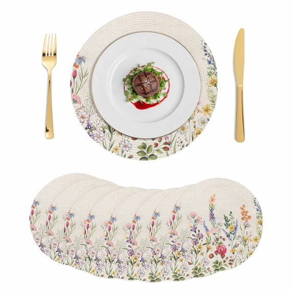 Watercolor Wildflowers Round 13 Inch Placemats Set of 8, Farmhouse Botanical Flowers Herbs HeatResistant Non Slip Place Mats for Dining Table, Wipeable Braided Kitchen Table Mats for Housewarming