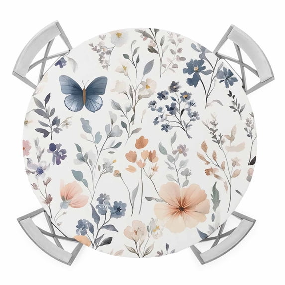 Watercolor Wildflowers Round Fitted Tablecloth with Elastic Edge, Waterproof Table Cloth Table Cover for 55"-60" Tables, Spring Pastoral Botanical Flowers Tablecloths for Dining Picnic Indoor Outdoor