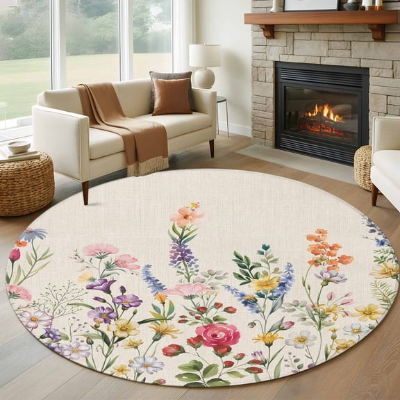 Watercolor Wildflowers Round Rug 8ft Washable Circle Rugs Non Slip Farmhouse Botanical Flowers Herbs Large Area Rug Indoor Floor Carpet for Bedroom Kitchen Living Room Home Office Dining Room Nursery
