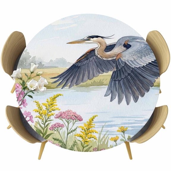 Watercolor Wildflowers Round Tablecloth 36-44 Inch Round Fitted Table Cloth with Elastic Edge, Spring Swan Lake Nature Scenery Waterproof Table Cover Protector for Outdoor Picnic Party Dining