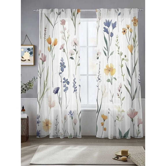 Watercolor Wildflowers Sheer Curtains for Living Room Bedroom Spring Botanical Floral Sheer Curtains 84 Inch Long 2 Panels Set Light Filtering Curtain Window Treatments Drapes for Dining Room