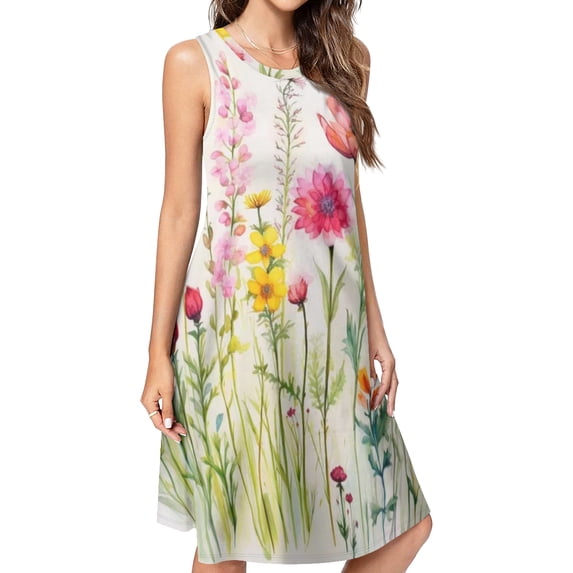 Watercolor Wildflowers Spring Summer (1) Spring Summer Dresses for Women Fashion T-shirt Dress Casual Sleeveless Loose Sundress with Pockets