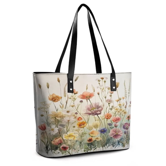 Watercolor Wildflowers Spring Summer (10) Woman Leather Handbags Large Tote Bag Fashion Portable Handbags With Zipper
