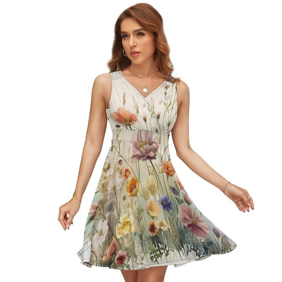 Watercolor Wildflowers Spring Summer (10) Women's Tank Dress V Neck Sleeveless Summer Sundress