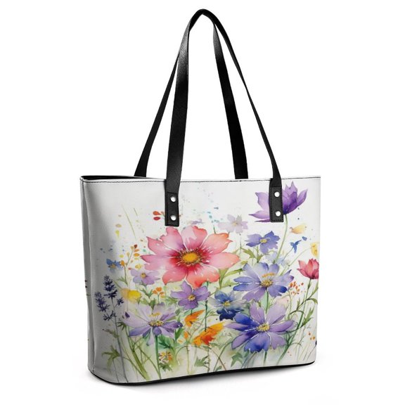 Watercolor Wildflowers Spring Summer (12) Woman Leather Handbags Large Tote Bag Fashion Portable Handbags With Zipper