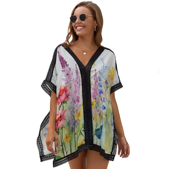 Watercolor Wildflowers Spring Summer (2) Women's Swimsuit Coverup Summer Beach Cover Up Bathing Suit Dress