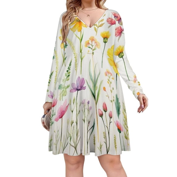 Watercolor Wildflowers Spring Summer (7) Long Sleeve Dresses For Women Vintage Elegant Party Dress Oversized V-neck Dress S-8XL