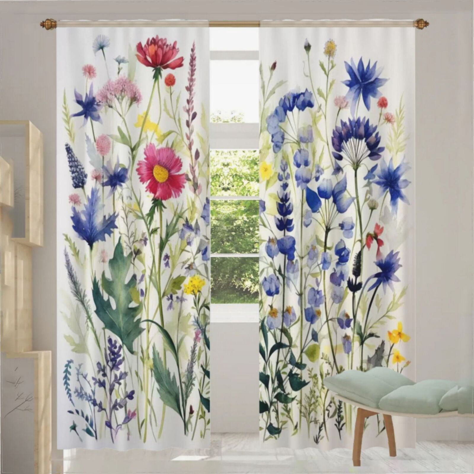 Watercolor Wildflowers Spring Summer (8) Sheer Window Curtains for ...