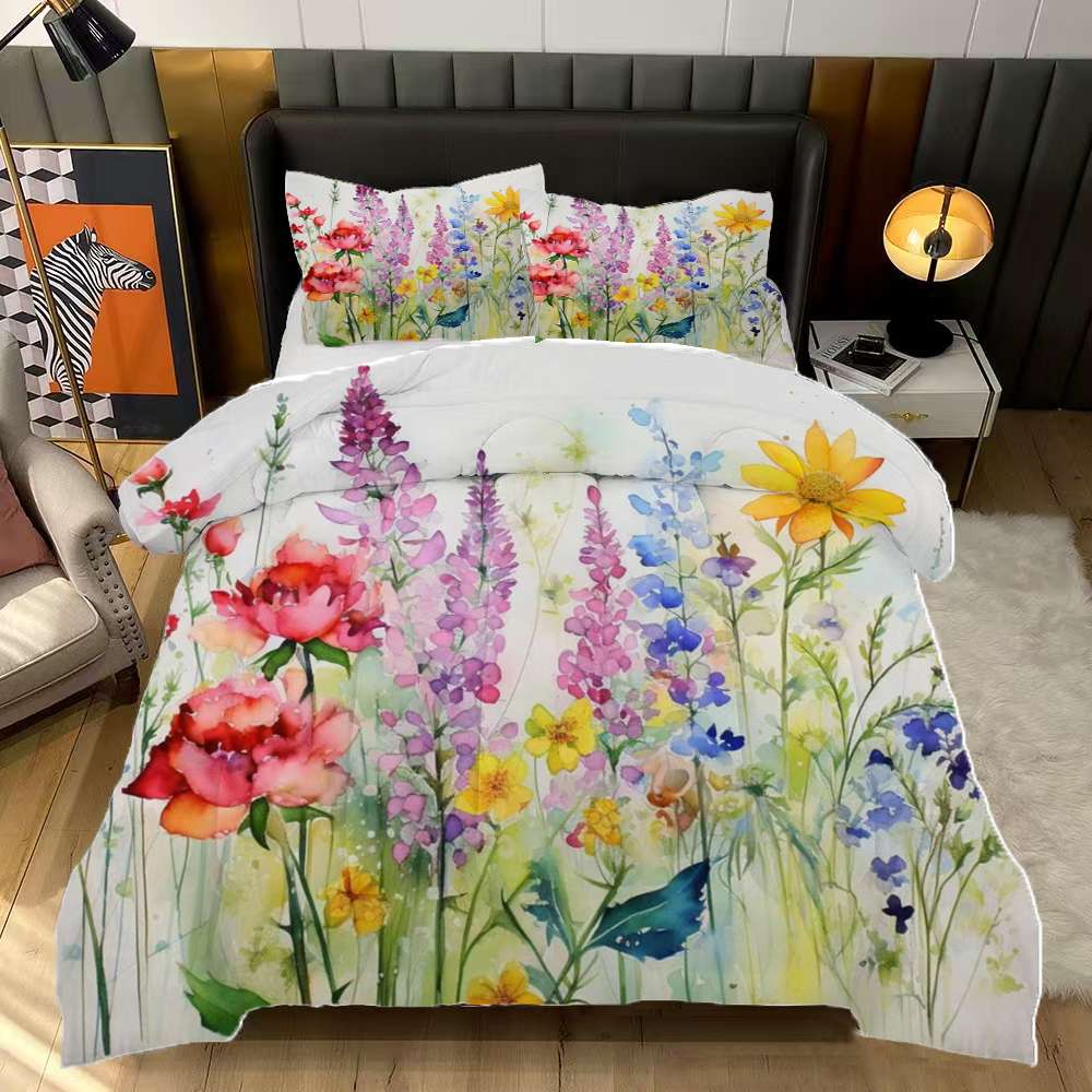 Spring Quilt Set Watercolor Wildflowers Spring Summer Comforter Set Queen Size Bedding ...
