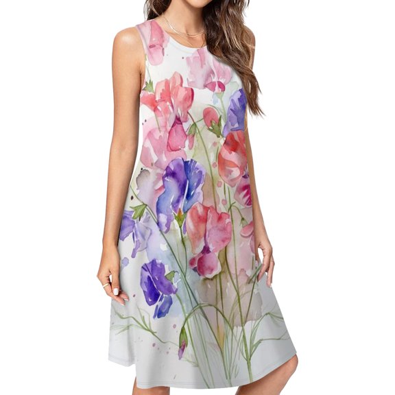 Watercolor Wildflowers Spring Summer Spring Summer Dresses For Women Fashion Dress Casual Sleeveless Loose Sundress With Pockets