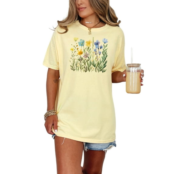 Watercolor Wildflowers T-Shirt, Botanical Floral Print Tee, Hand-Painted Flower Design, Artistic Nature-Inspired Shirt, Casual Summer Top, Butter Comfort Colors T-Shirt, Medium