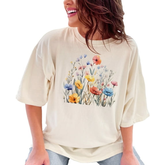 Watercolor Wildflowers T-Shirt, Hand-painted Floral Tee, Colorful Bloom Casual Shirt, Botanical Garden Graphic Top, Ivory Comfort Colors T-Shirt, 3XL