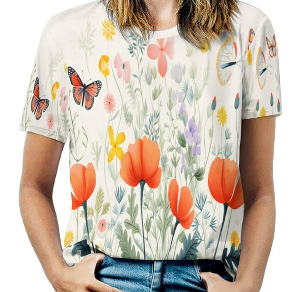 Watercolor Wildflowers T Shirts Basic T-Shirt Short Sleeve Ladies Tee Shirt Summer Graphic Clothing