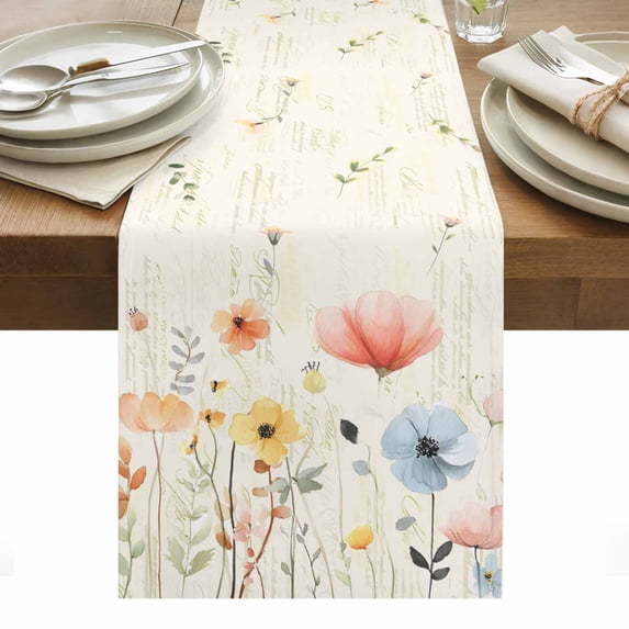 Watercolor Wildflowers Table Runner - 90 Inch Long, Kitchen Dining Table Runner Dresser Scarves, Farmhouse Country Botanical Flowers Farmhouse Decor for Coffee Tables Wedding Party Banquet