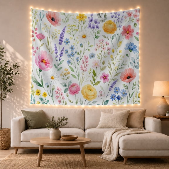 Watercolor Wildflowers Against White Background Peaceful Watercolor for Flower Lovers Botanical Wall Art Mother's Day Gift Tapestry Wall Hanging for Bedroom and Living Room