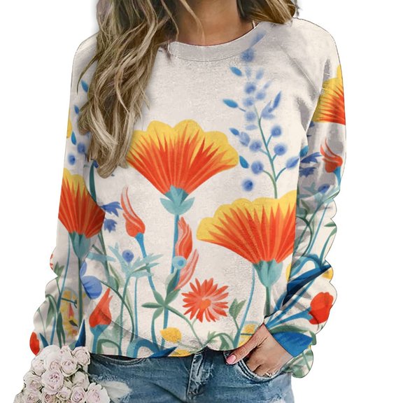 Watercolor Wildflowers Women's Floral Printed Sweatshirt Long Sleeve Crewneck Casual Loose Vintage Graphic Pullover Tops