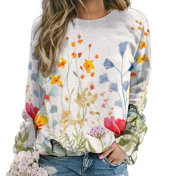 Watercolor Wildflowers Women's Floral Printed Sweatshirt Long Sleeve Crewneck Casual Loose Vintage Graphic Pullover Tops