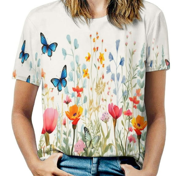 Watercolor Wildflowers Women's T-Shirt Short Sleeve T Shirts Tops Tee Ladies Loose T