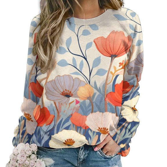 Watercolor Wildflowers Womens Casual Crewneck Sweatshirt Long Sleeve Tops Cute Pullover Loose Fit