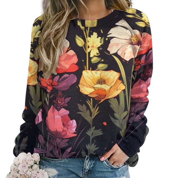Watercolor Wildflowers Womens Casual Crewneck Sweatshirt Long Sleeve Tops Cute Pullover Loose Fit