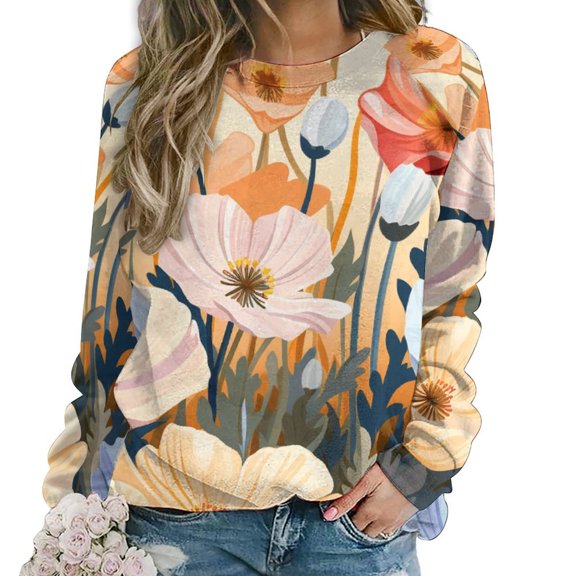 Watercolor Wildflowers Womens Oversized Sweatshirts Hoodies Crewneck Casual Tops Comfy FallWinter Clothes 2024