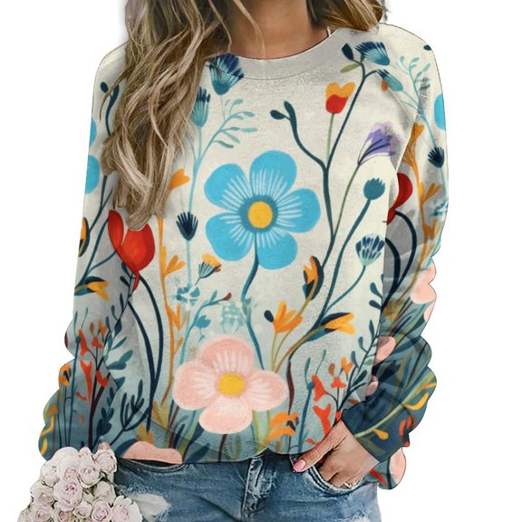 Watercolor Wildflowers Womens Oversized Sweatshirts Hoodies Crewneck Casual Tops Comfy FallWinter Clothes 2024