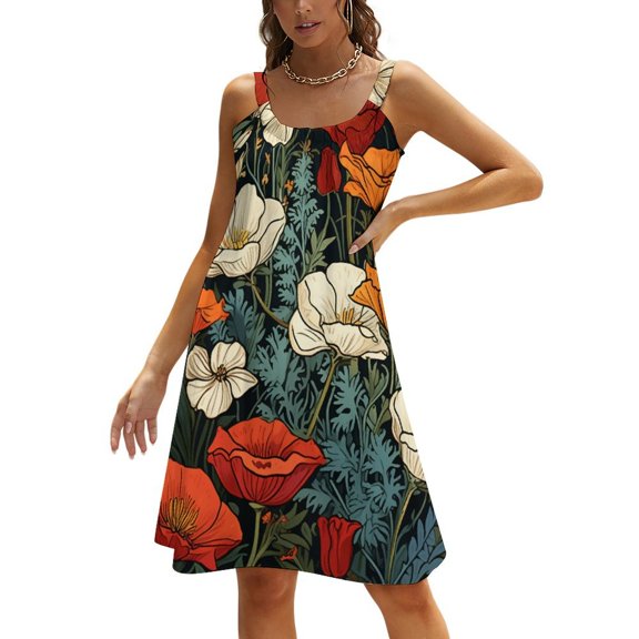 Watercolor Wildflowers Womens Summer Dresses Casual Sleeveless Tshirt Sundresses Vacation Beach Cover Up Dress