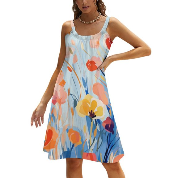 Watercolor Wildflowers Womens Summer Dresses Casual Sleeveless Tshirt Sundresses Vacation Beach Cover Up Dress