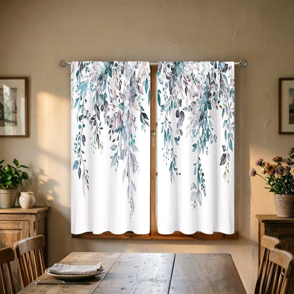 Watercolor Window Curtains Boho Eucalyptus Floral Light Filtering Rod Pocket Drapes Soft Velvet Thermal Insulated Noise Reducing Window Cloth for Living Room Bedroom