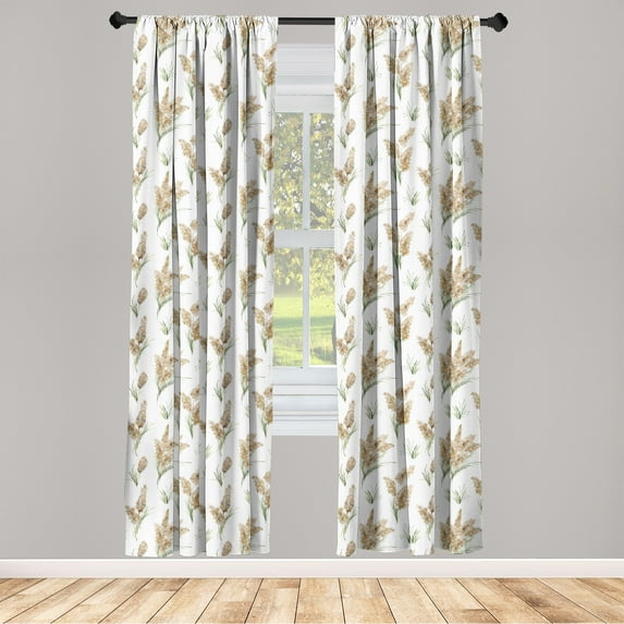 Watercolor Window Curtains, Exotic Dry Pampas Grass Foliage Print Botanical Illustration, Lightweight Decor 2-Panel Set with Rod Pocket, Pair of - 28"x84", Pale Brown Green and White, by Ambesonne