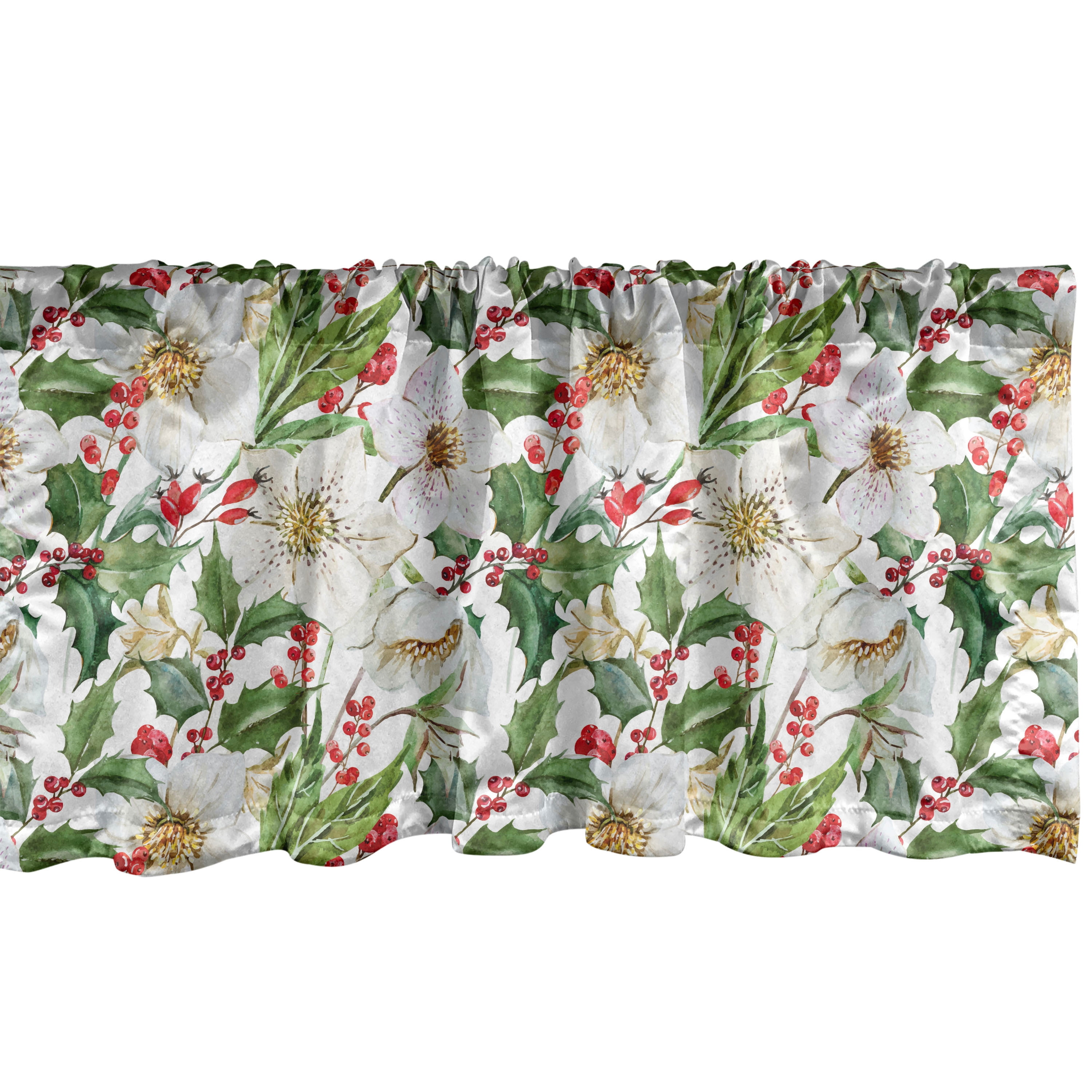 Watercolor Window Valance, Christmas Themed Floral Poinsettia Berries