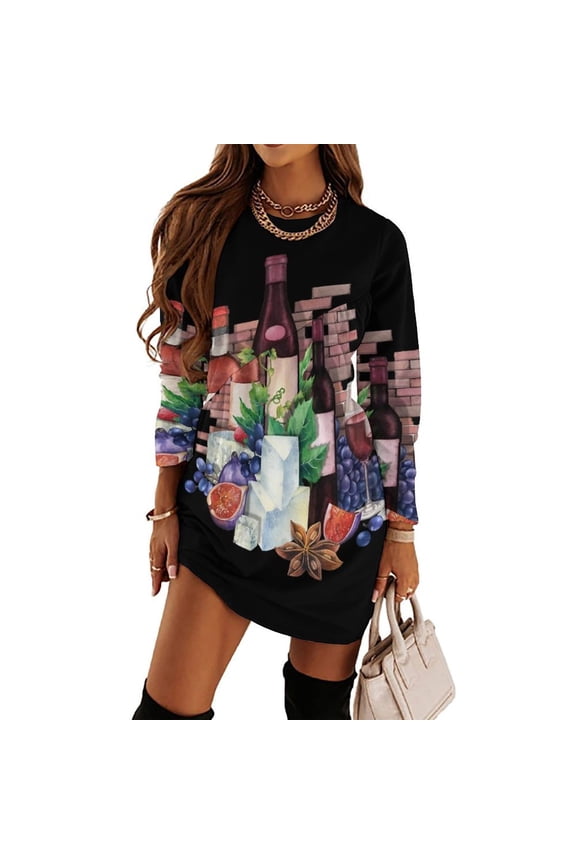 Watercolor Wine Glasses And Bottles Decorated with Delicious Food Loose Dress Evening Dress Summer Dresses for Women Luxury Dress Long Sleeved Dress