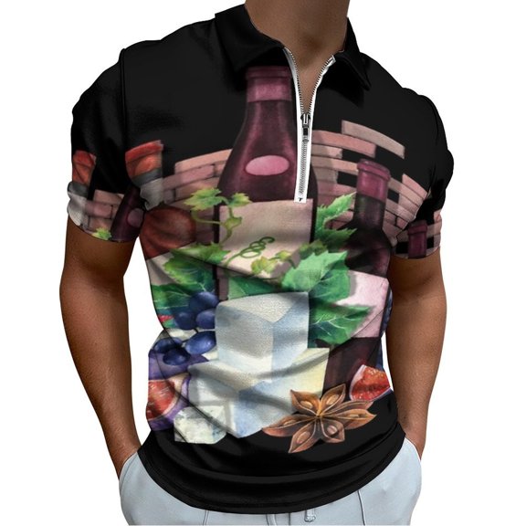Watercolor Wine Glasses And Bottles Decorated with Delicious Food Men Zipper T-shirt Summer Casual Short Sleeve T-shirt Top