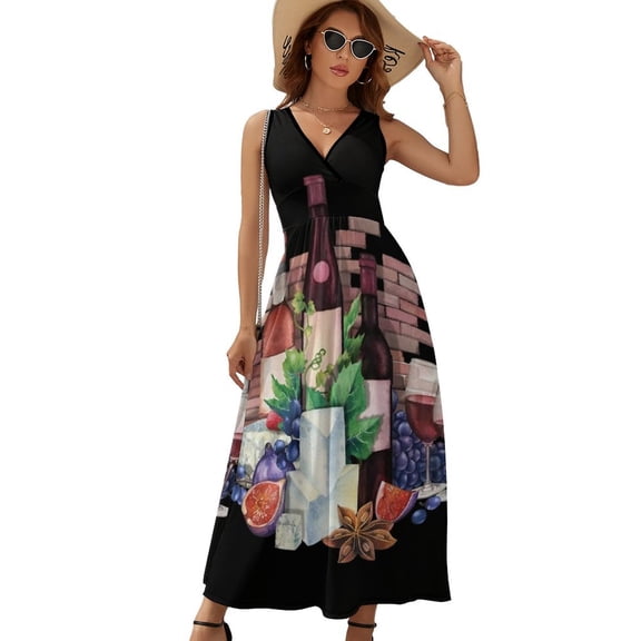 Watercolor Wine Glasses And Bottles Decorated with Delicious Food Womens Night Club Maxi Dress V Neck Sleeveless Bohemia Long Dresses