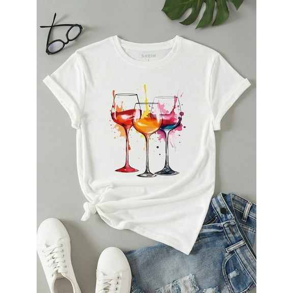 Watercolor Wine Glasses Artistic White Crew - Neck Tee