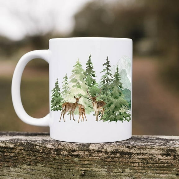 Watercolor Winter Deer Mug, Watercolor Forest Mountains with Deer, Winter Mug, Winter Coffee Cup, Dear Lover Gift