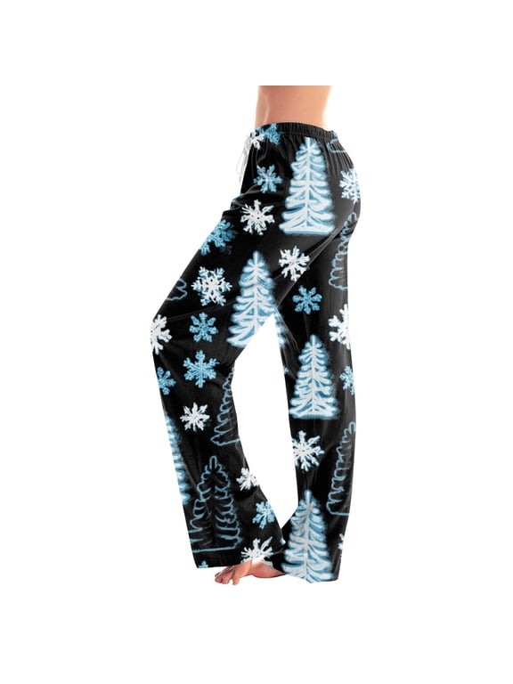 Watercolor Winter Forest Snowscape Print Loungewear Pants, Elastic Waist Drawstring Casual Sleep Trousers for Home Relaxation, Xmas Holiday Vacation Wear