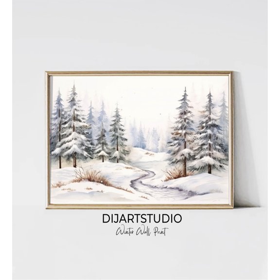 Watercolor Winter Landscape Print Rustic Pine Tree Art